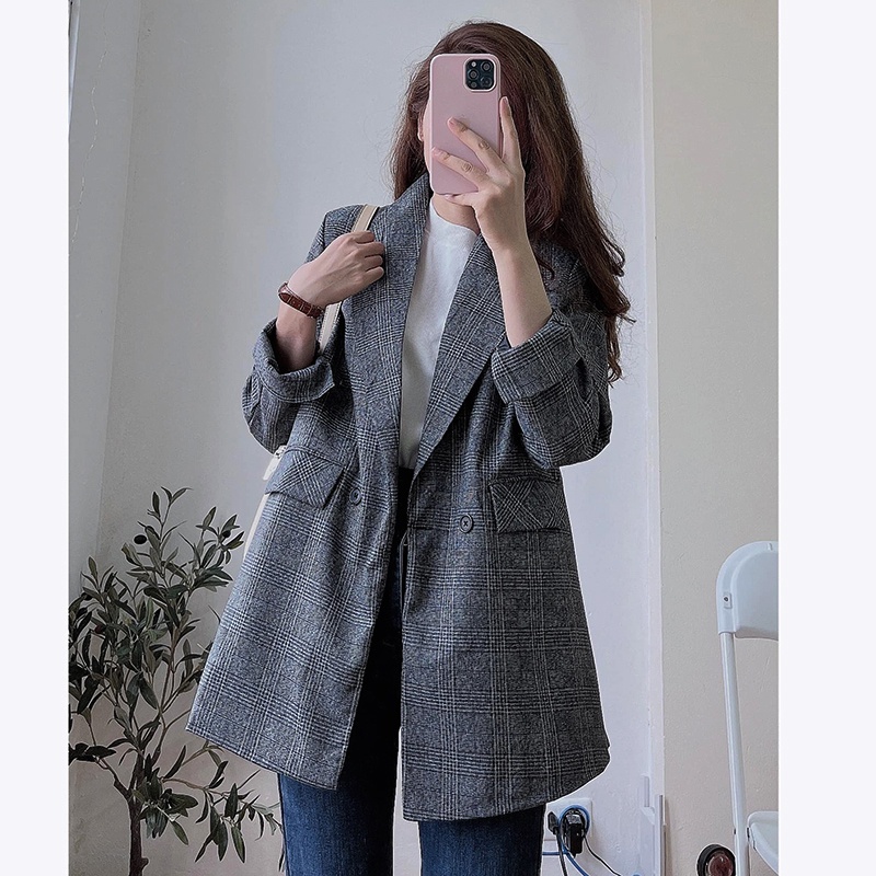 Áo blazer kẻ xẻ tay form rộng set đồ nữ , Áo vest khoác thu đông nữ công sở (Video/ảnh thật/sẵn)