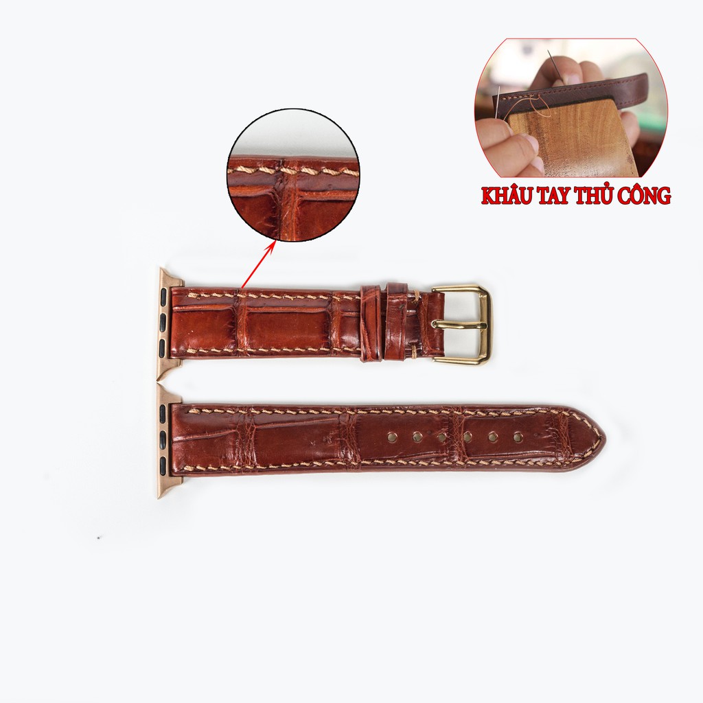 Dây đeo apple watch da cá sấu đốt tre-khâu tay thủ công D108- dây apple watch series 3 series 4 series 5-Bụi leather