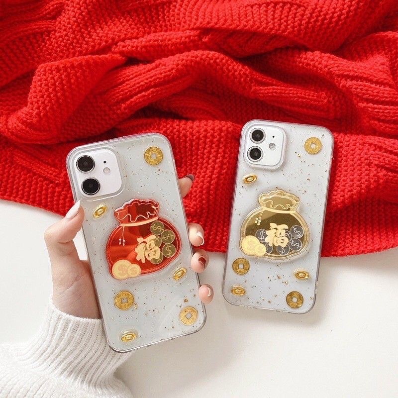 💥 Iphone 12 Pro max | 12 Pro |12 | 11 | Xs max silicon dẻo trong suốt🧧Ốp Túi tiền đỏ in nổi ring lộc🧧