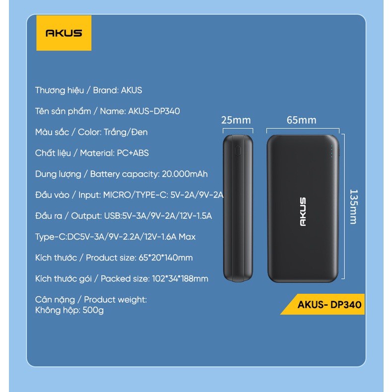 Sạc dự phòng 20000 mAh sạc nhanh 20w AKUS - DP340 - Hàng ChínhHãng - BH 12 tháng- Đen