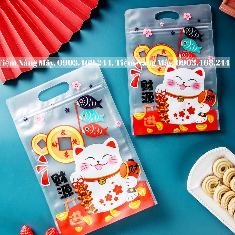Túi zip mèo thần tài 50 túi size lớn , nhỏ đựng bánh kẹo