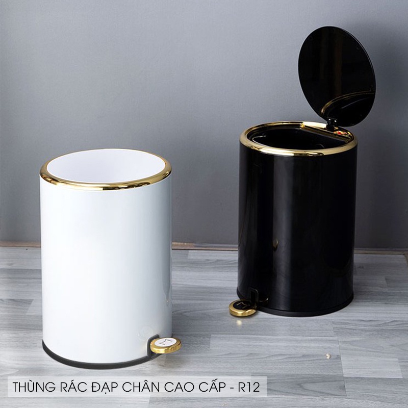 Thùng rác inox có nắp đậy cao cấp - Thùng đựng rác inox gia đình hiện đại INOHA R12