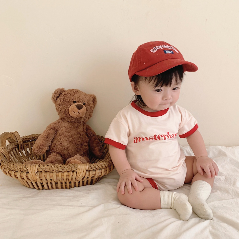 Bộ Áo Liền Quần Ngắn Tay Cổ Tròn In Chữ Cái Tiếng Anh Màu Đỏ/Xanh Dương Dễ Thương Thời Trang Mùa Hè Cho Bé Trai Và Gái Sơ Sinh