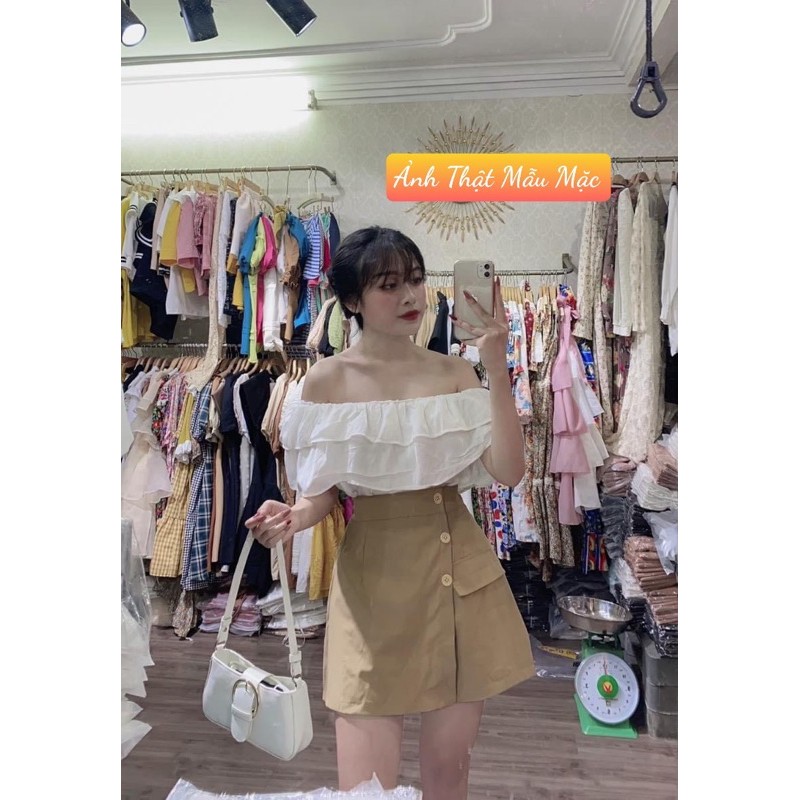 [Siêu Hot] Set Trễ Vai Áo Trắng Mix Chân Váy Kaki Có Ảnh Thật Kèm Video | BigBuy360 - bigbuy360.vn