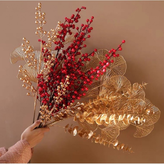 Cành Lá Táo Vàng, Cành Lá Tim Đuôi Công Vàng Decor Trang Trí