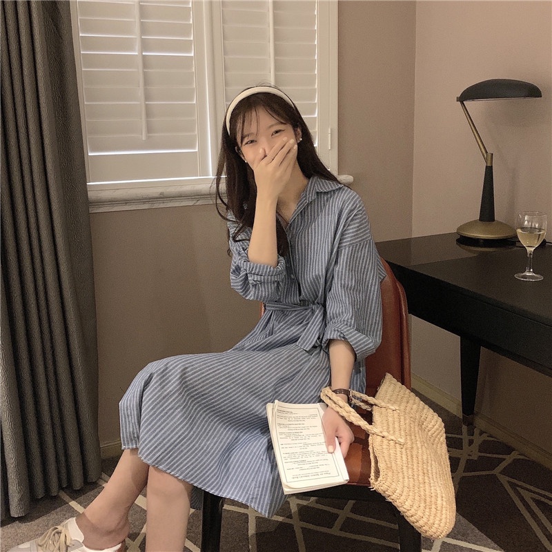 Đầm Midi Kẻ Sọc Cột Dây Cổ Bẻ Phong Cách Mới 45697