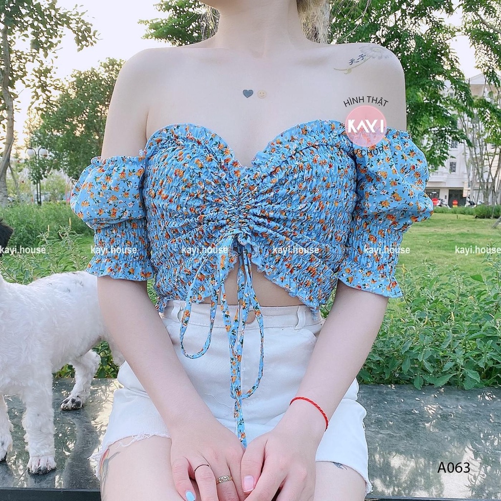 Áo croptop hoa rút dây ngực tay ngắn A5063