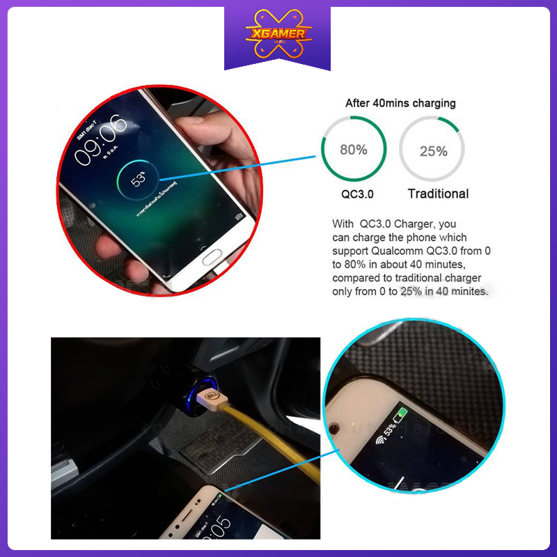 [Ready Stock] XGamer Qualcomm Car USB Charger Quick Charge 3.0 Mobile Phone Charger 2 Port USB Super Fast Car Charger