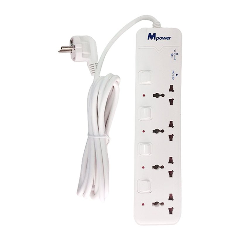 Ổ cắm điện 4 lỗ 3 chân và 2 cổng USB Mpower MP-343SU 2500W (Trắng)