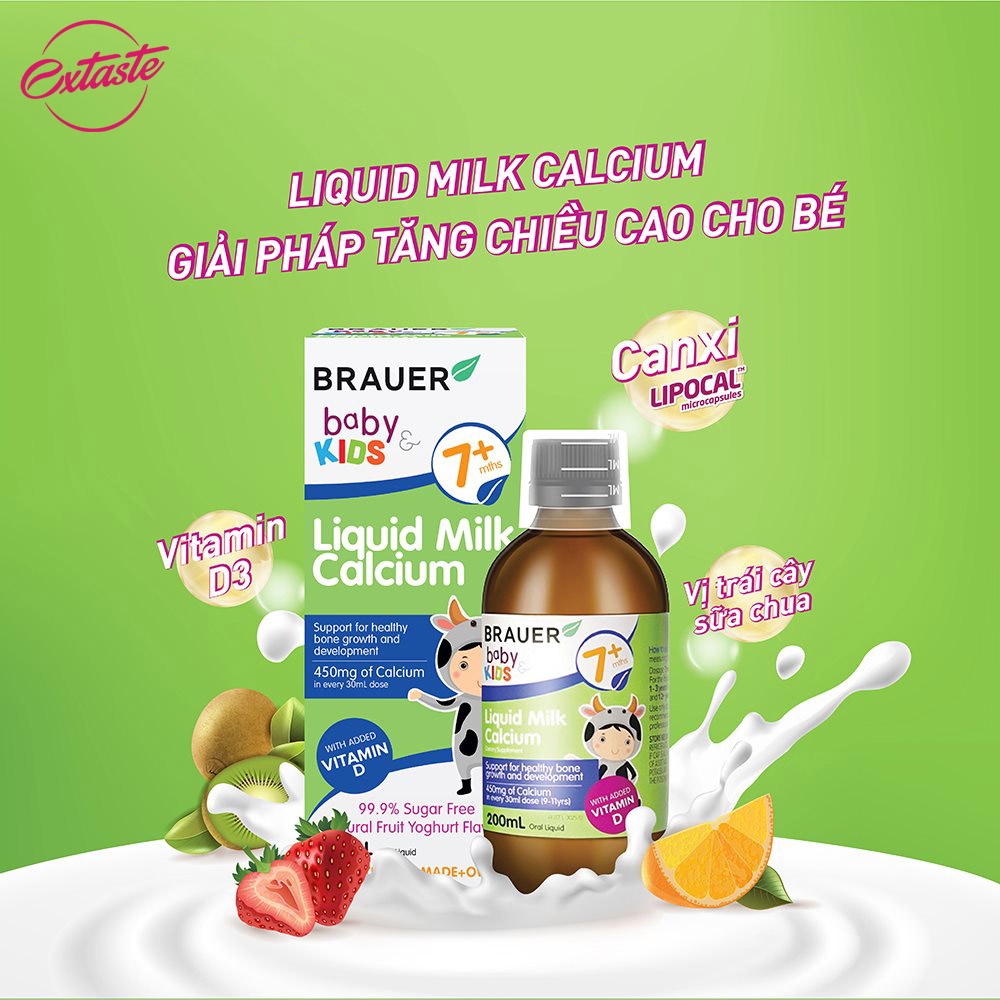 Canxi sữa dạng nước Brauer Baby & Kids Liquid Milk Calcium cho trẻ trên 7 tháng tuổi 200ml