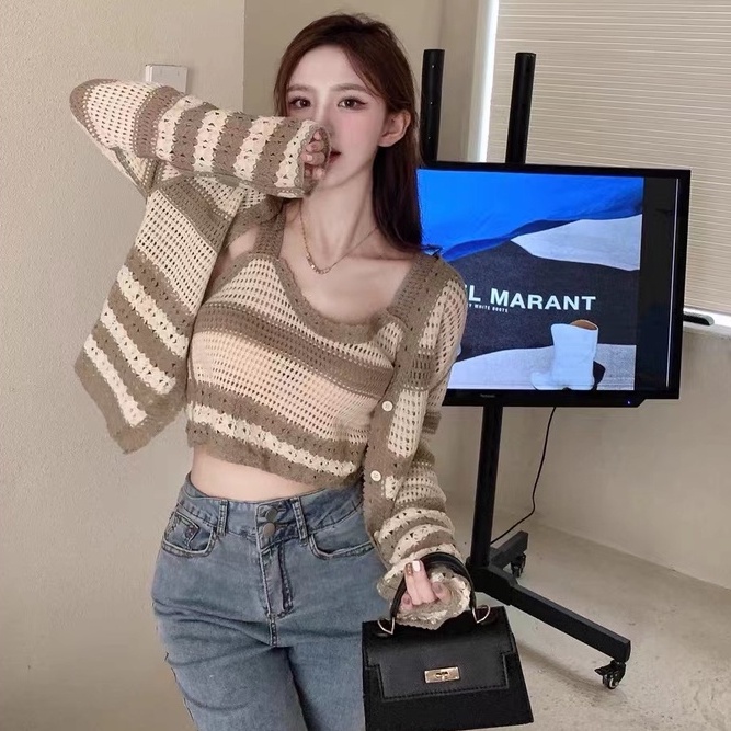 Bộ áo cardigan dệt kim sát nách kẻ sọc + quần lưng cao ZHELIHANGFEI quyến rũ thời trang cho nữ