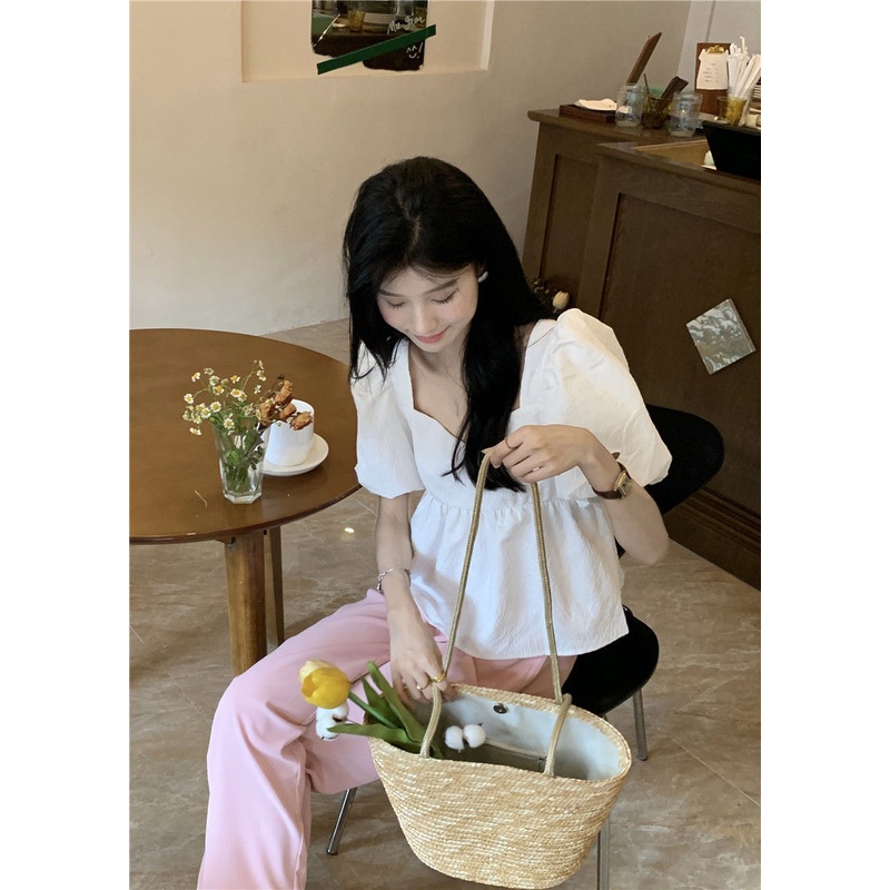 Áo Sơ Mi Tay Phồng Ngắn Cổ Vuông Màu Trơn Ngọt Ngào Thời Trang Cho Nữ