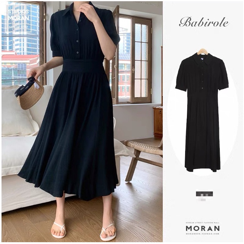 (ORDER) Váy sơ mi MORAN cổ bẻ cài khu thun eo xòe dài đơn giản style Hàn Quốc sang trọng