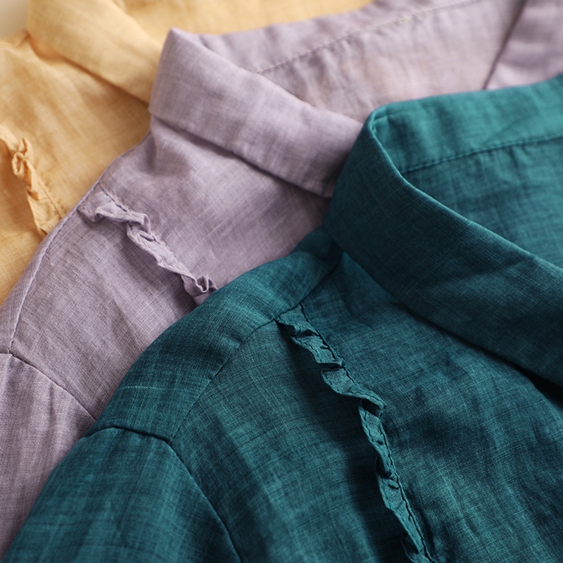 Áo sơ mi vải lanh cotton băng phối ren ngắn tay mỏng phong cách Nhật Bản