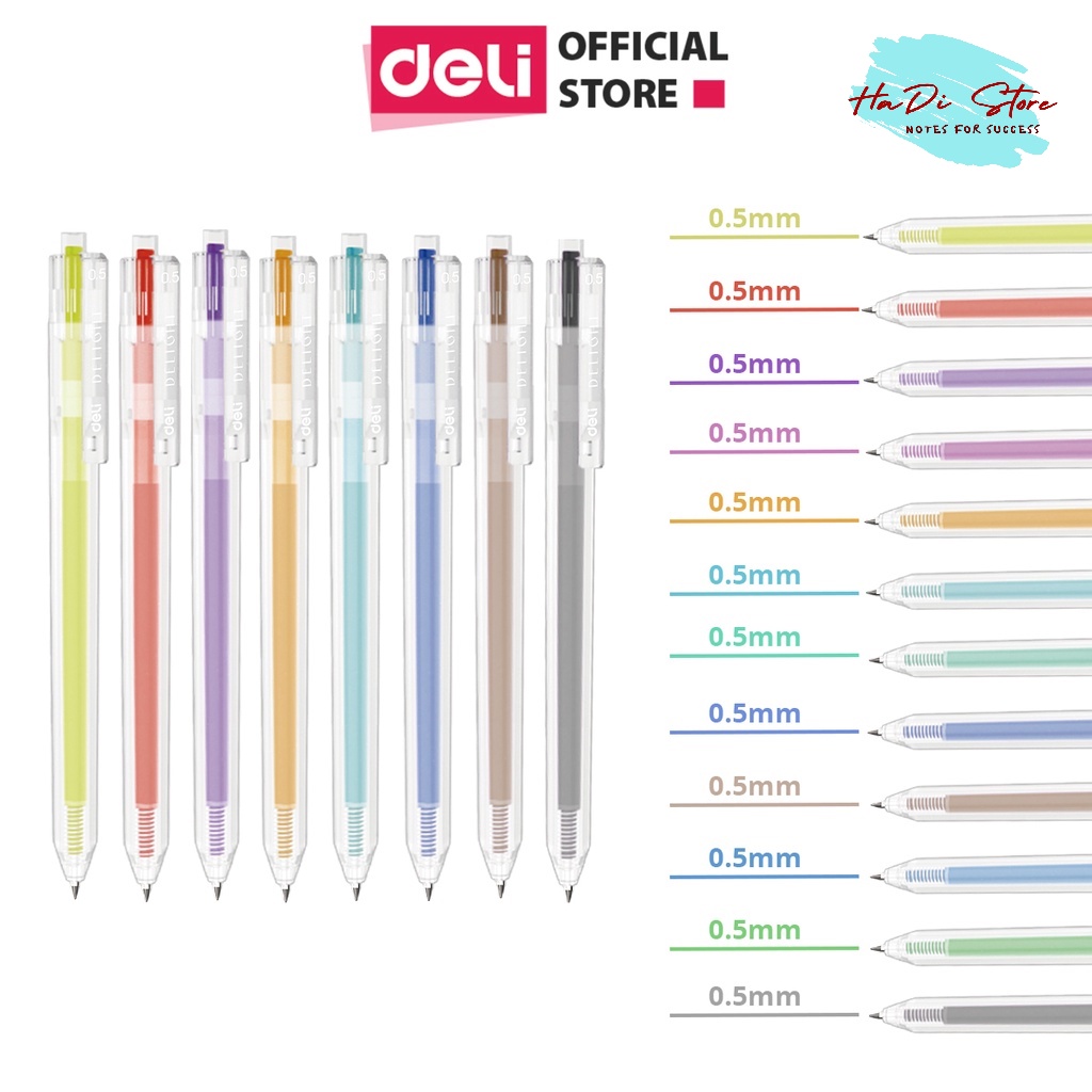 Bút bi bấm mực gel nhiều màu nét 0.5mm DELI nhanh khô viết trơn tru đều màu