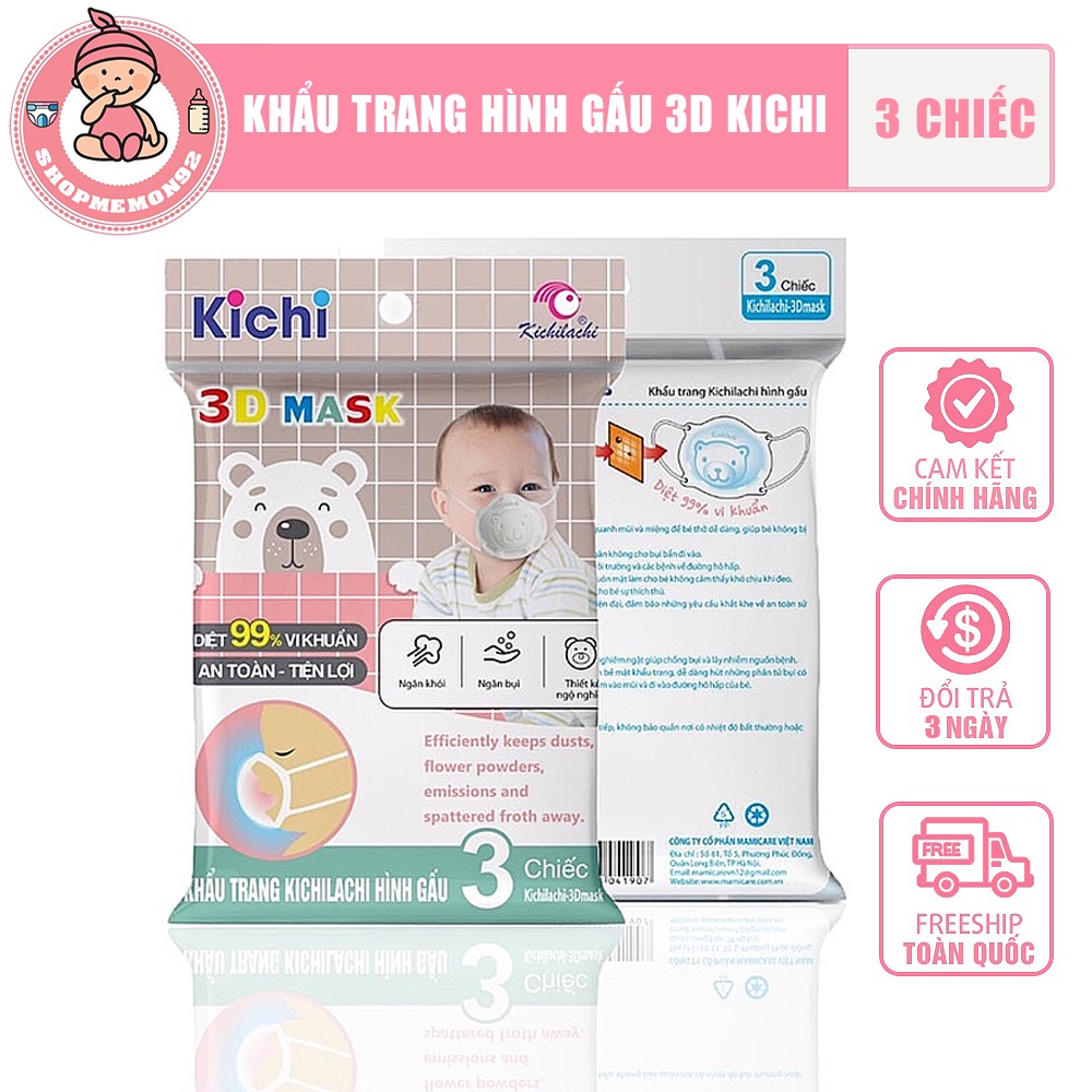 Khẩu trang cho bé -Kichi 3D hình gấu bảo vệ sức khoẻ trẻ nhỏ an toàn tuyệt đối set 3 cái