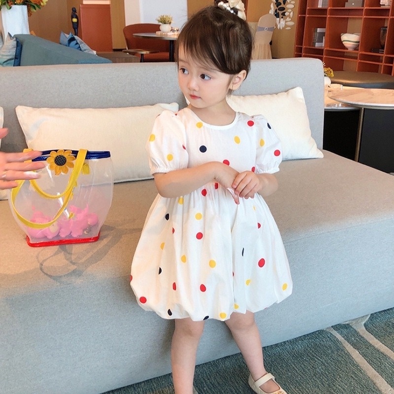 Đầm Công Chúa Bằng Cotton Tay Ngắn Phối Ren Họa Tiết Chấm Bi Thời Trang Mùa Hè Cho Bé Gái