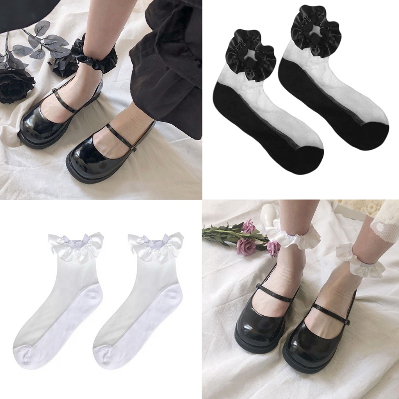 Youyo Vớ Lưới Lolita Bằng Sợi Thủy Tinh Siêu Mỏng Xếp Nếp Màu Trơn Ngọt Ngào Có Diềm Xếp Nếp Cho Nữ