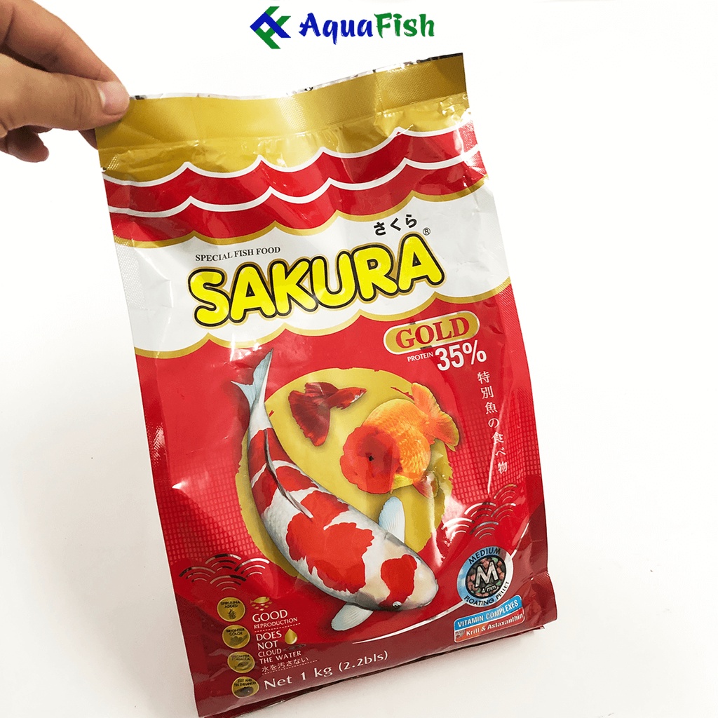 Thức Ăn Cho Cá Koi, Cá Vàng Sakura 35% Túi 1kg (Giúp cá nhanh lớn, tăng đề kháng, màu sắc cho cá)
