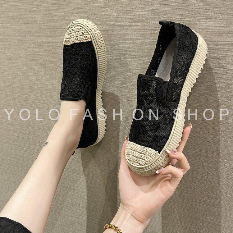 Giày lười slip on nữ dáng basic phối ren vintage siêu mềm êm chân hàng cao cấp chuẩn đẹp-GL25