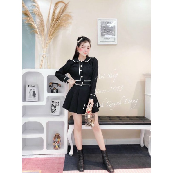 Set bố dạ áo cổ sen tay dài viền + chân váy xếp li