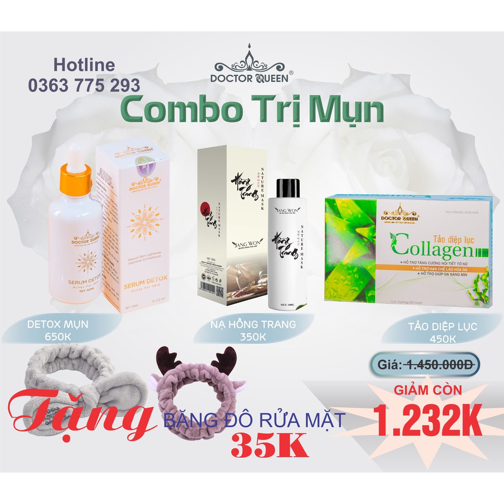 COMBO TRI MỤN DOCTOR QUEEN  (Ngừa tất cả các loại mụn,thâm,..đào thải phục hồi tái tạo da,da yếu, giãn mao mạch,...)