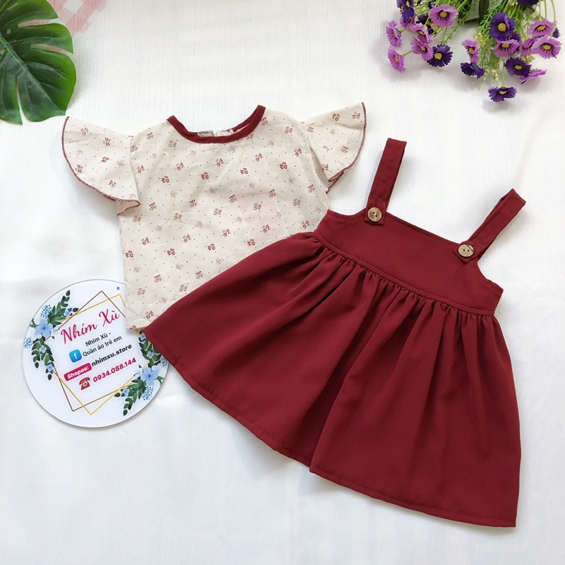 Sét Yếm Kèm Áo Màu Bã Trầu Cho Bé Gái 4 Đến 28kg, Đầm Bé Gái Chất Đũi Chun Phối Áo Thô Boi [V060]
