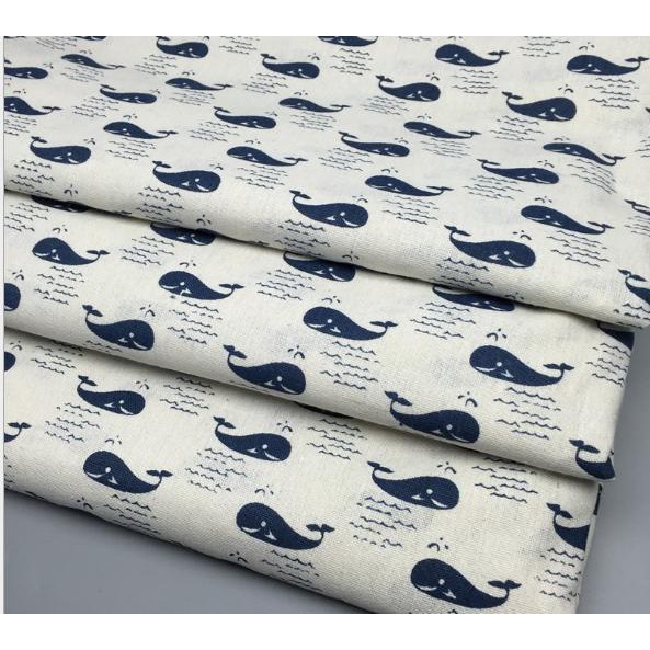 Vải Bố Vải Canvas Decor Trang Trí, Phông Nền Chụp Ảnh, Làm Rèm Khăn Bàn Họa Tiết Cá Heo Xanh Trắng