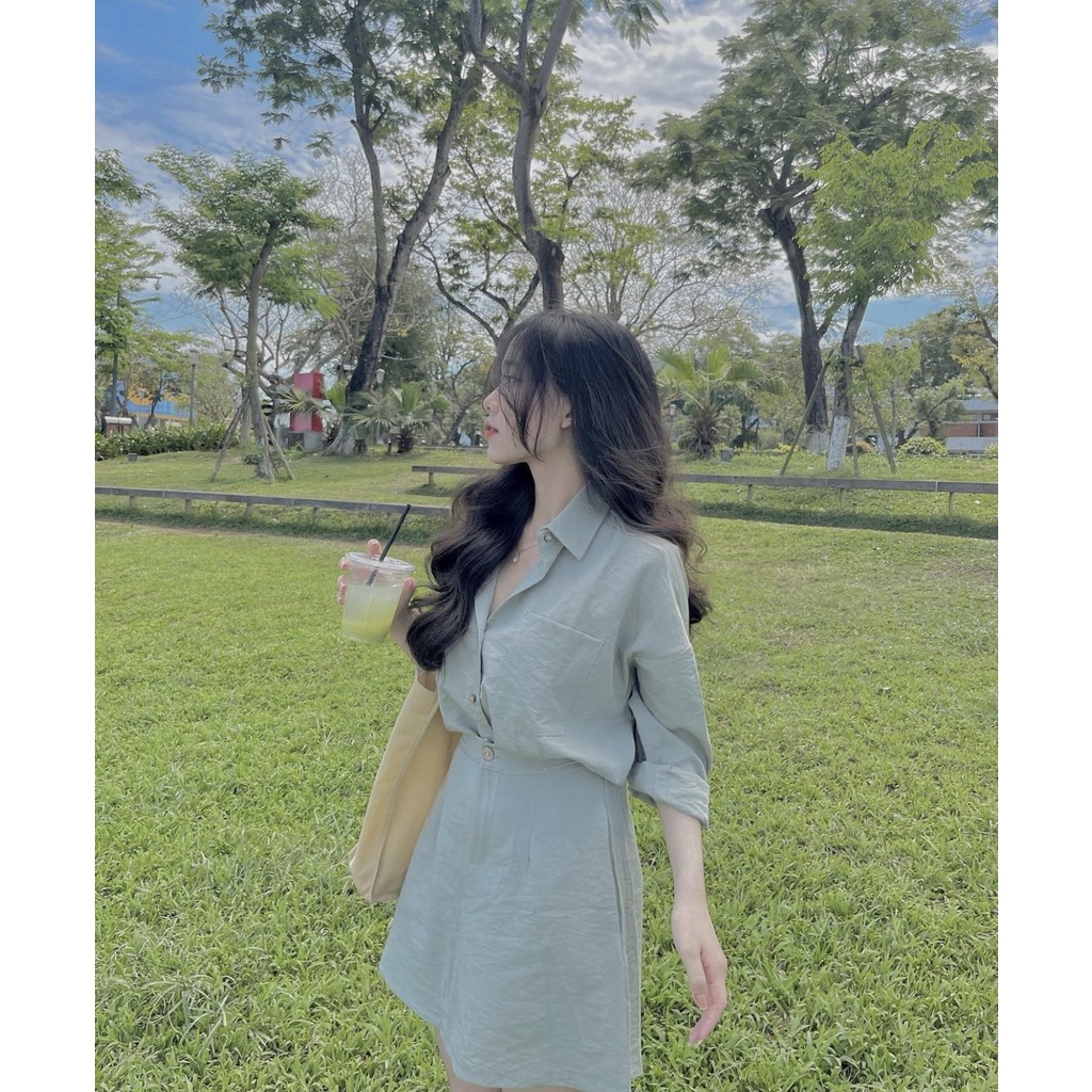 SET ÁO SOMI VÀ CHÂN VÁY HAI MÀU XANH VÀ ĐEN HAVA SET