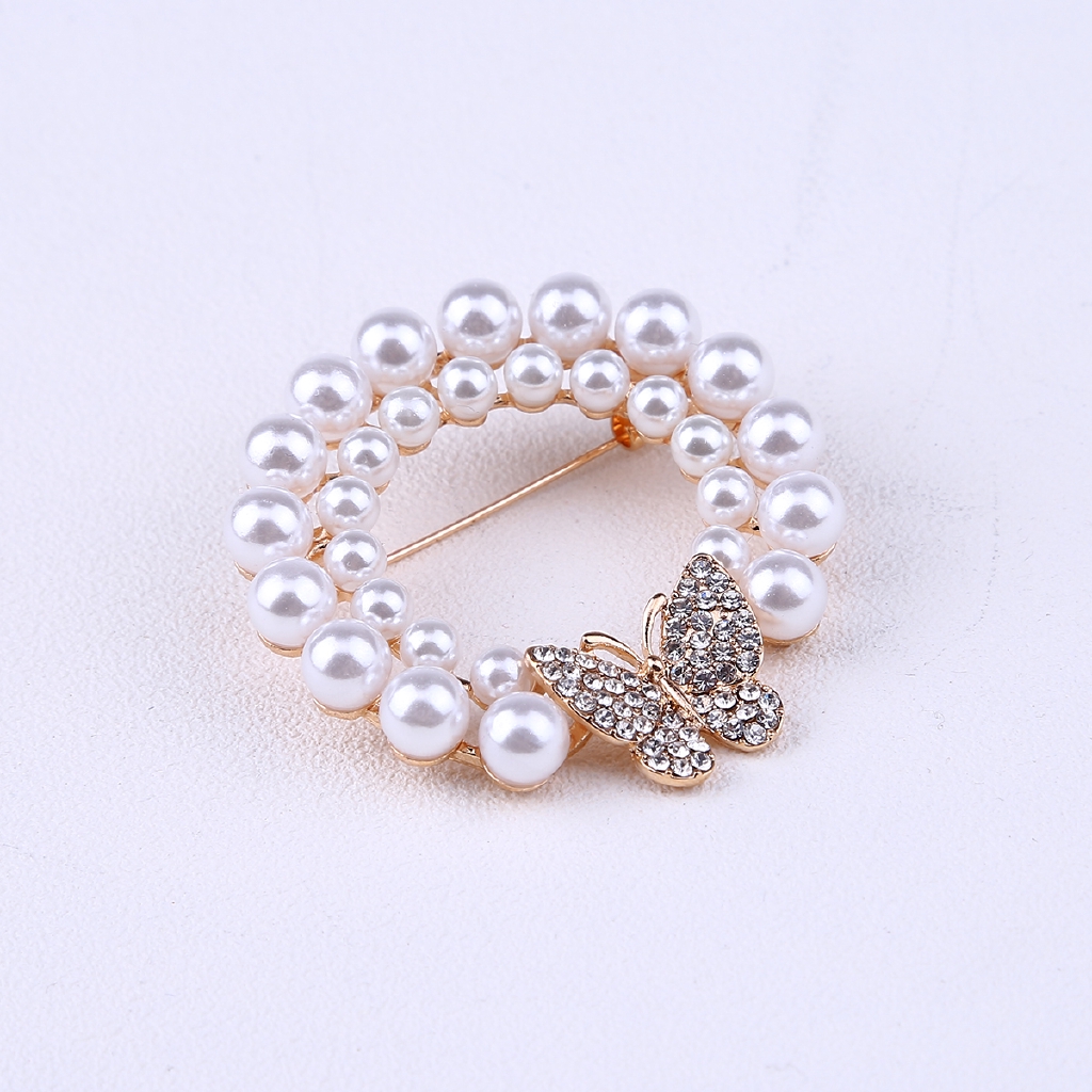 Ghim cài áo hình bươm bướm màu vàng / bạc đính 2 vòng ngọc trai giả xinh xắn