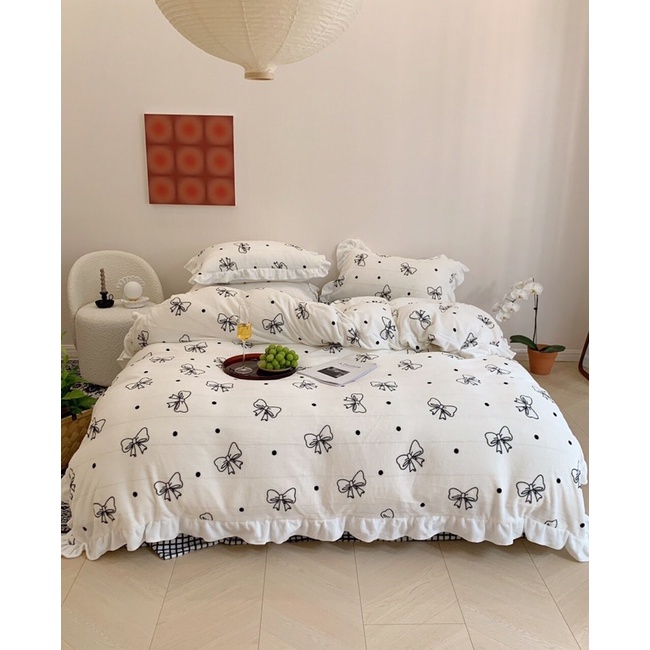 Chăn ga nỉ nhung phối bèo, set chăn ga nỉ phối bèo cao cấp