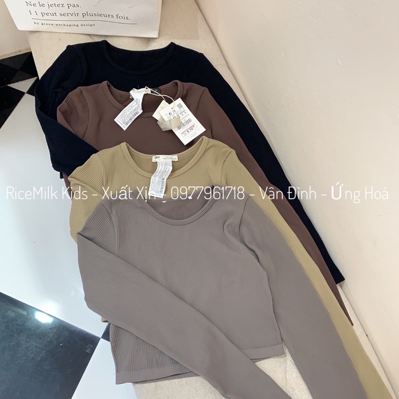 Áo Croptop Pullandbear Gân Tăm Ôm Body, Cổ Tròn Tay Dài Co Dãn Hàng Tuồn, Xuất Dư Xịn
