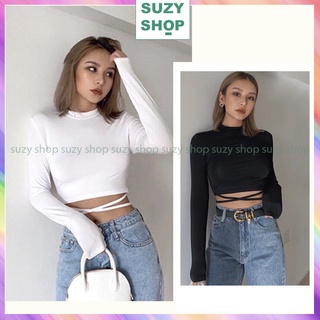 Áo Croptop Tay Dài, Áo Croptop Cột Dây Tôn Dáng Eo Đẹp - Chất Thun Dày Vừa Đảm Bảo Không Lộ Áo Trong