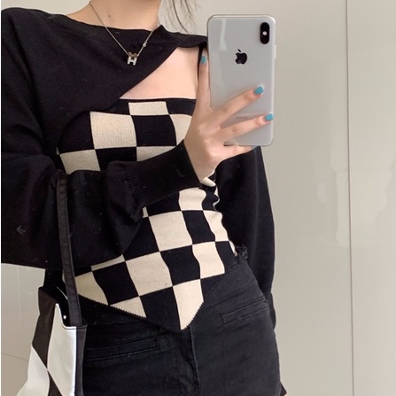 Porozi  Set áo khoác và áo hai dây họa tiết caro phong cách Hàn Quốc cho nữ