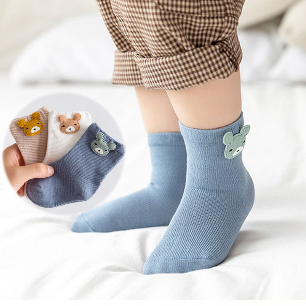 Set 3 đôi vớ cotton hình gấu hoạt hình dễ thương cho bé trai và bé gái 0-3 tuổi