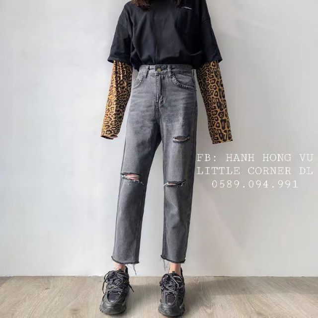 Quần slim baggy jeans xám rách ver.3 ulzzang kèm ảnh thật