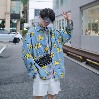 Áo Sơ Mi Dài Tay Họa Tiết Pikachu Phong Cách Đường Phố Harajuku Thời Trang Unisex