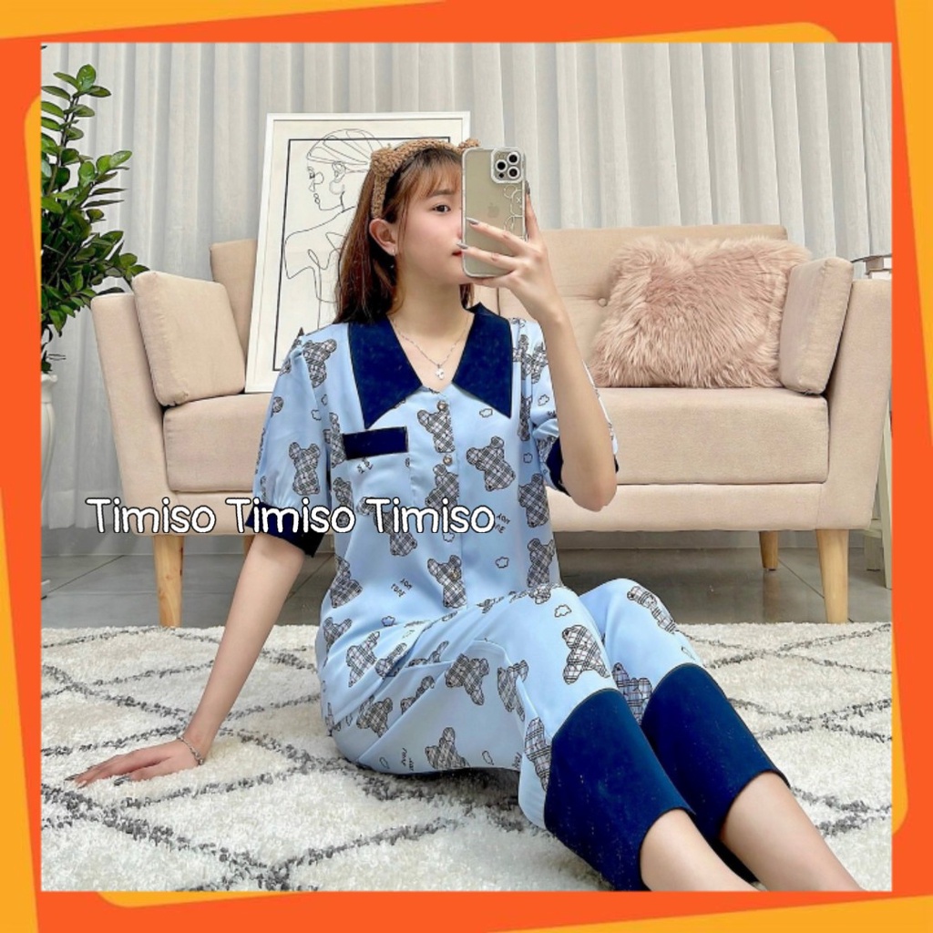 Bộ đồ Pijama lụa Nữ Cao Cấp - Bộ lụa SATIN quần dài áo cộc cổ sen vuông cho mùa hè BLU10