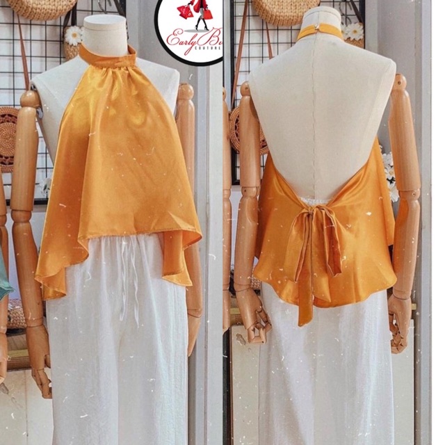 Áo lụa cổ yếm hở lưng tặng kèm scrunchies m77