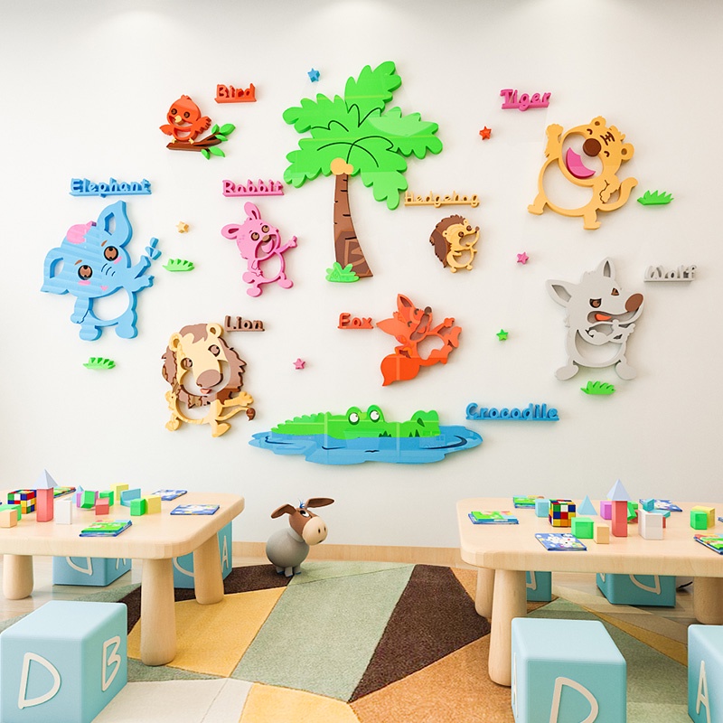 Tranh dán tường mica 3d decor Học tên các con vật Trang trí nhà trẻ, phòng cho bé, Tiếng Anh Nhiều Size - EPeBen