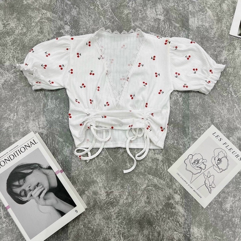 Áo kiểu croptop tay ngắn rút dây viền ren hoạ tiết Cherry nhí xinh xắn, áo crt - Mã: 772 TV-FASHION