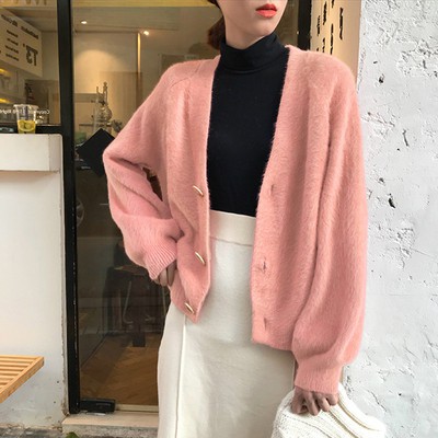 Áo khoác len cardigan lông thỏ siêu mềm mịn màu hồng dễ thương (hàng có sẵn - hình thật)
