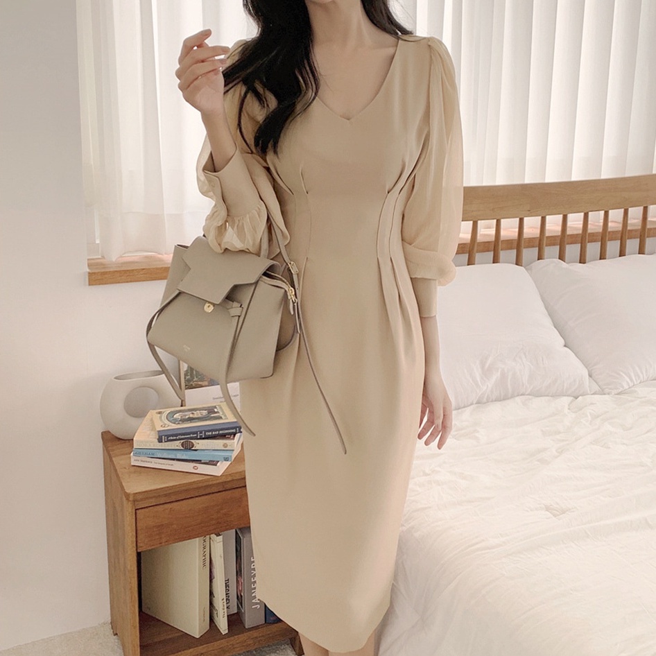 Đầm Dài Tay Cổ Chữ V Thiết Kế Mới Thanh Lịch 45664