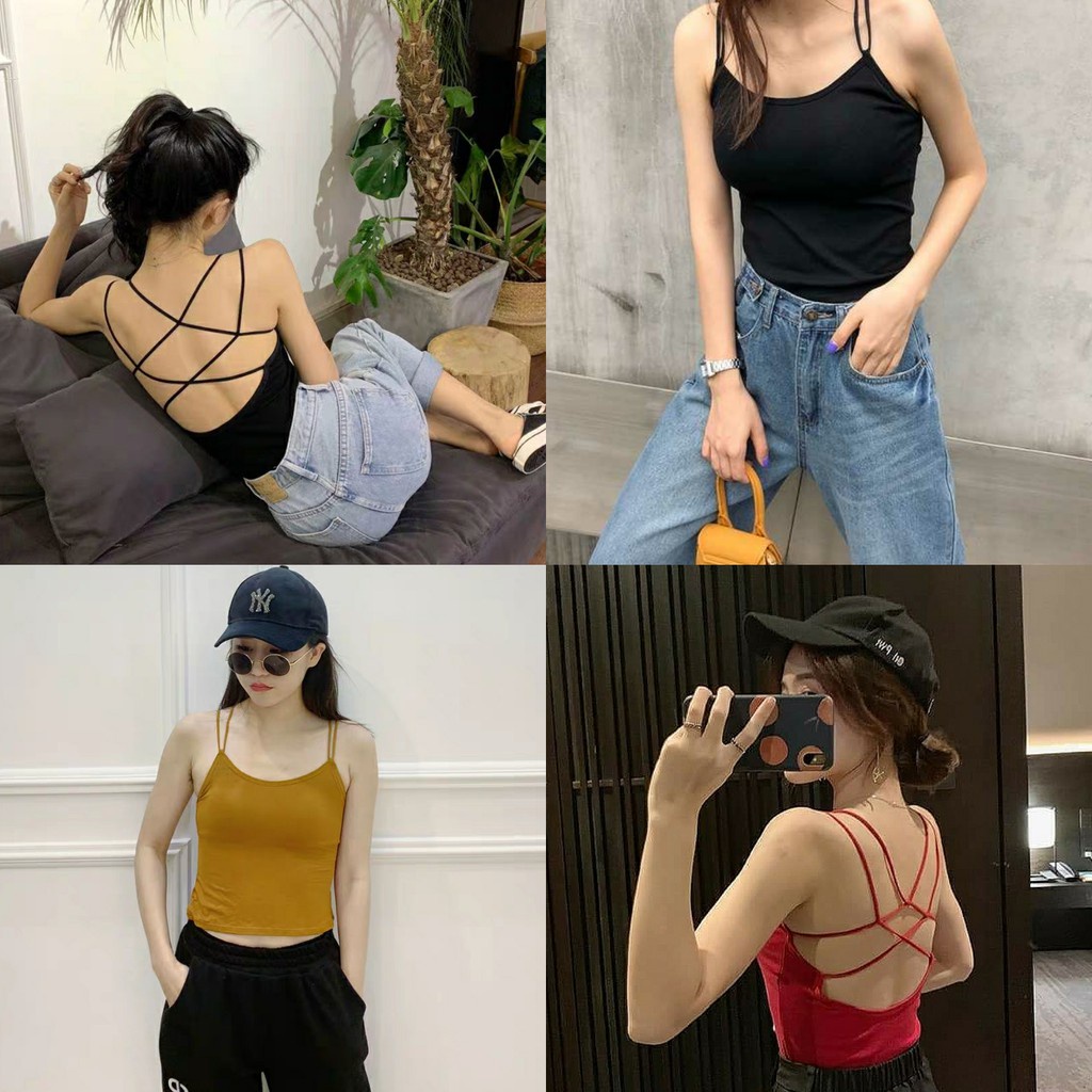 ÁO ĐAN DÂY LƯNG CHÉO QC 2 DÂY ĐỆM NGỰC ULLAZZANG
