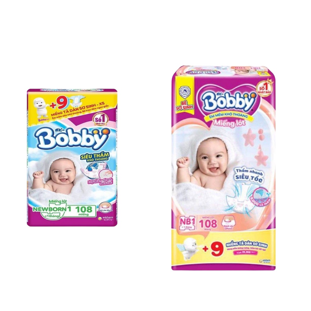 Miếng lót Bobby Newborn 1 - 108 miếng - Tặng Thêm 9 Miếng Tã Dán Bobby Size XS