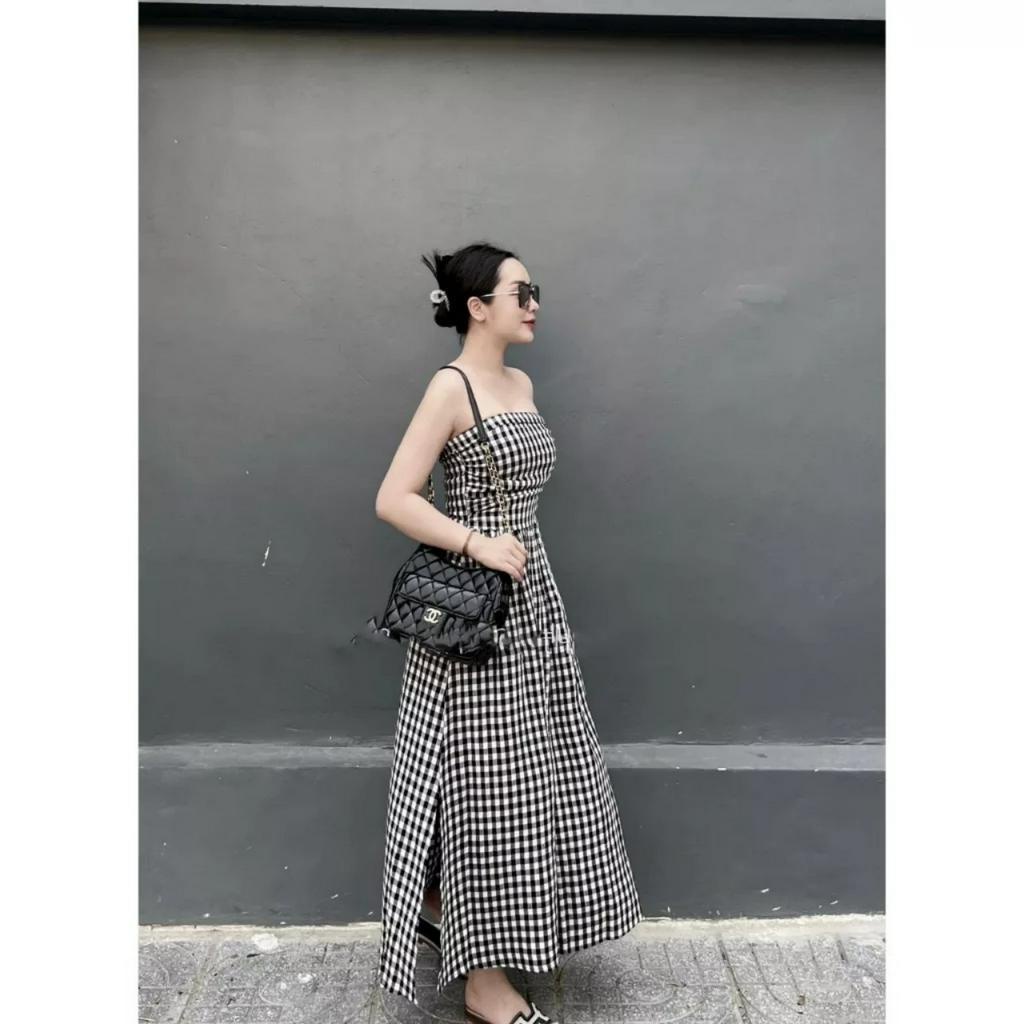 ĐẦM CÚP NGỰC,VÁY ỐNG CARO XÒE DÁNG DÀI CHẠY MOCKING THÂN SAU