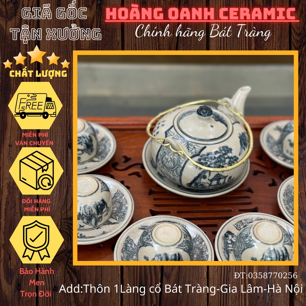 (CHỌN MẪU)Gốm Sứ Bát Tràng-Ấm chén Men rạn cổ-Bộ Nhị Cảnh Sơn Thuỷ quai đồng