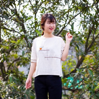 Áo thiết kế vải linen thêu hình xương rồng xinh xắn (hàng đặt may) - Gác của Tea