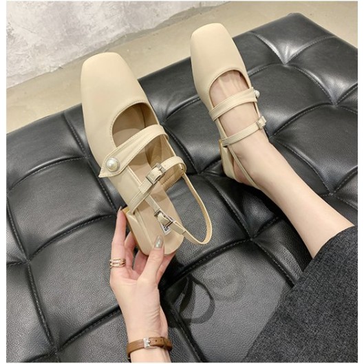 Giày sandal nữ bít mũi tiểu thư quai cài đính ngọc chất liệu da cao cấp đế 3cm lên chân cực xinh, giày búp nữ