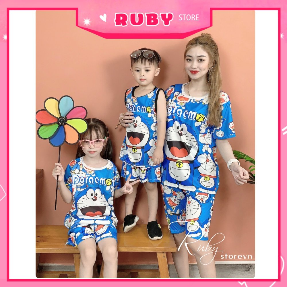 Đồ bộ thun 3D MẸ VÀ BÉ trai gái  chất thun mềm mát in hình Doremon hoạt hình Bộ thun gia đình DBRB